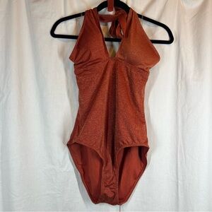NWT Jones New York glitter cross neck halter one-piece swimsuit rust orange Lrg